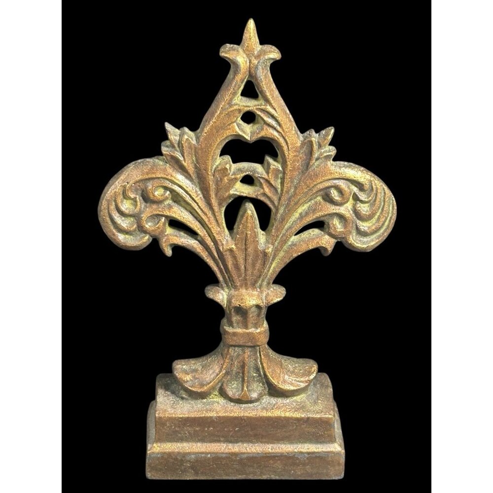 Vintage Cast Iron Fleur de lis Tabletop Stand Gold Bronze Distressed Heavy 10"